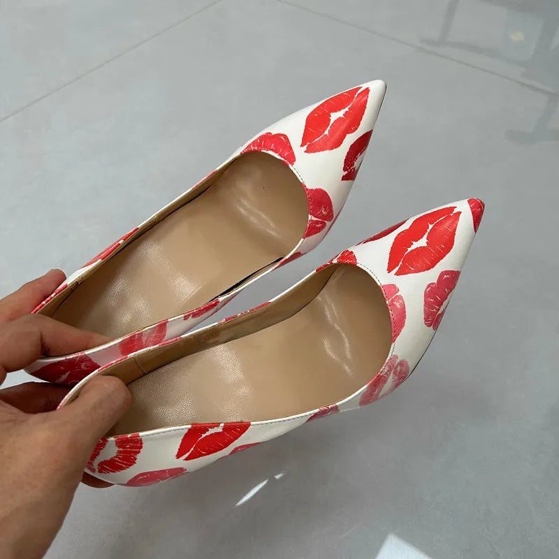 white lipstick Lips Printed High Heel Shoes 12cm 10cm 8cm Pink Colorized Shallow Dress Pumps Pinted Toe Slip-On Banquet Heels