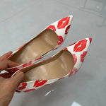 white lipstick Lips Printed High Heel Shoes 12cm 10cm 8cm Pink Colorized Shallow Dress Pumps Pinted Toe Slip-On Banquet Heels