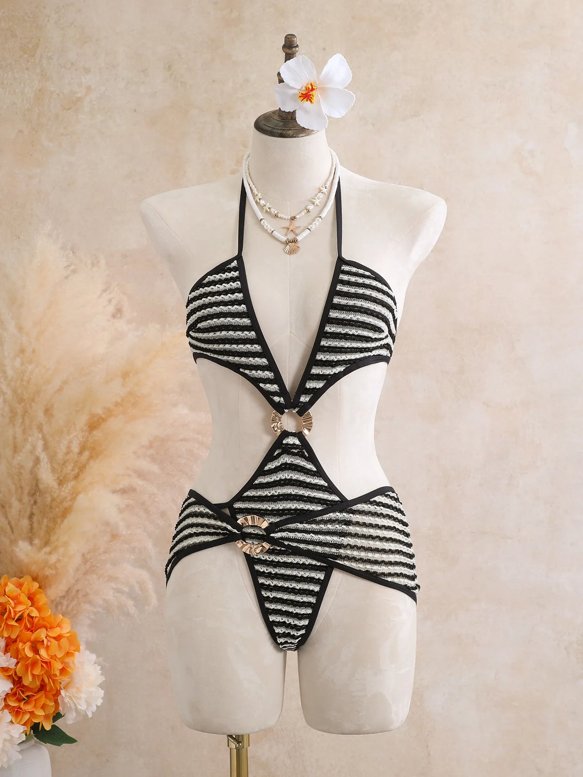 Sexy Black Stripe Knitted One Piece Swimwear Skirts Sets 2026 Women Metal Circle Hollow Out Backless Bathing Suit Thong Swimsuit