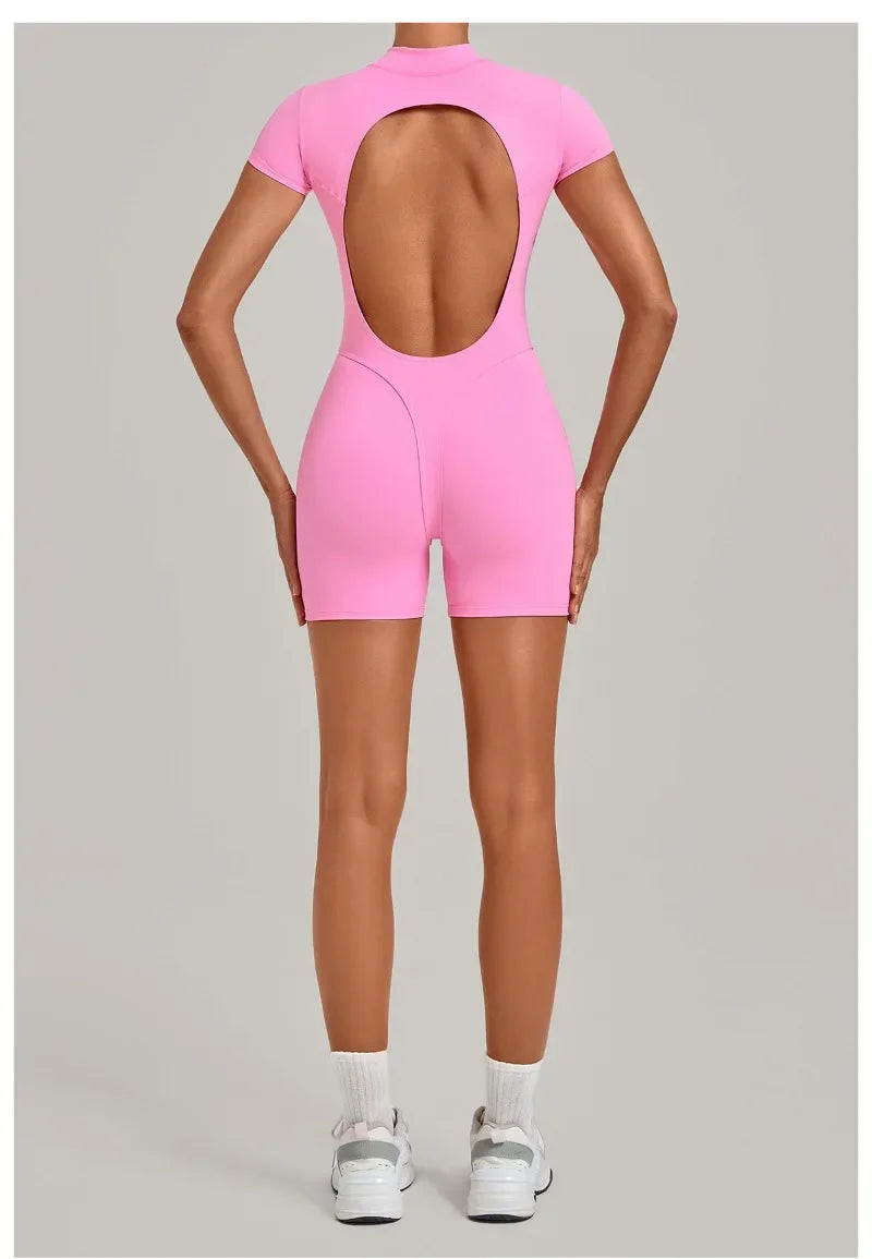 Women's Seamless Yoga Jumpsuits Fitness Sports Hip-lifting Backless Short-sleeved Training Gym Workout Shorts One-piece