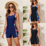 Women One-piece Sports Swimsuit Professional Training Athletic Boyleg Bathing Suit Printed Swimwear Patchwork Beach Wear Blue