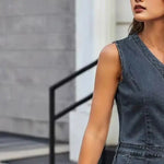 Women's Sleeveless Bodycon Denim Dress Casual V-Neck Button Down Mini Jean Dress Summer Overalls Dress with Pockets