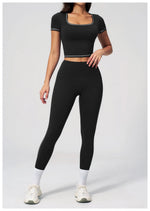 2PC Color Contrast Yoga Suit Women Short Sleeve Square Collar Slim Sports Top Fitness Suits Outdoor Exercise Leggings Tracksuit