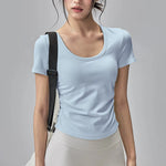 Big round Neck Yoga T-Shirt Short-Sleeved Slimming Sports Top with Fixed Chest Cushion for Running Pilates Summer Stretch