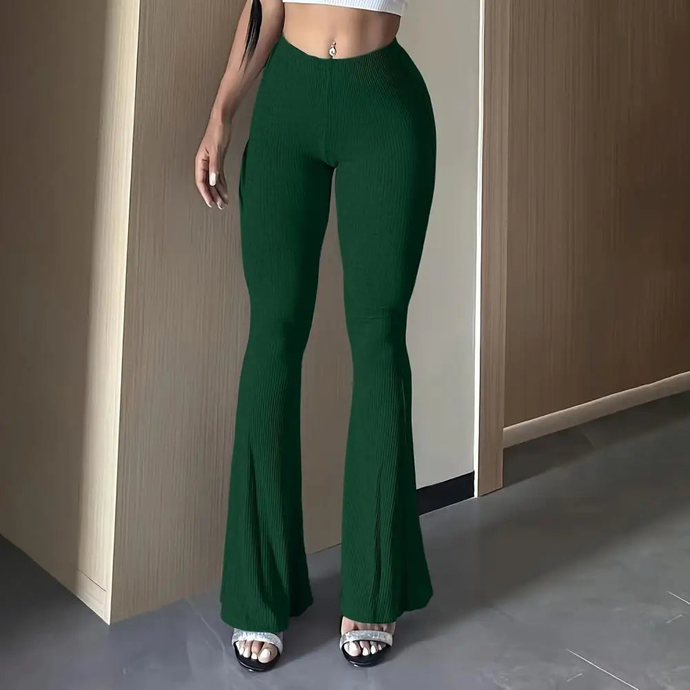 Women Flared Pants Yoga Running Cycling Trousers Elastic High Waist Solid Color Long Pants Ribbed Texture