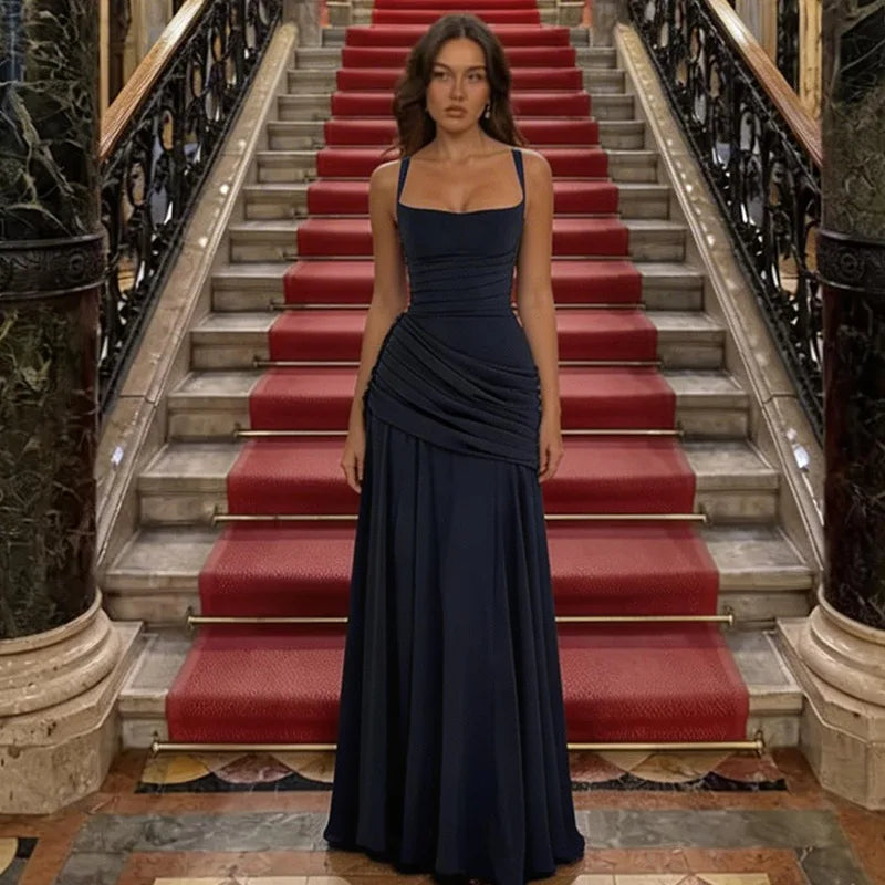 FDYOUI Fashion Sleeveless High Waist Tunics Long Maxi Dress Party Gowns Women Chic Backless Lace-up Folds Slim Evening Dresses