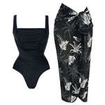 2 Pieces Retro Printed Swimsuit With Cover Up Sexy Women Swimwear 2025 V Neck Bikinis Female Biquini 3XL Bodysuit Beachwear