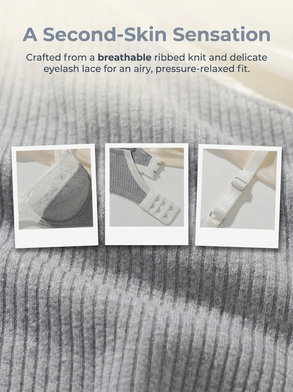 Ladies Bra Grey Ribbed Knit with White Lace Panel Sculpted Support Padded Bralette Smooth Comfort Women Lingerie MR3458