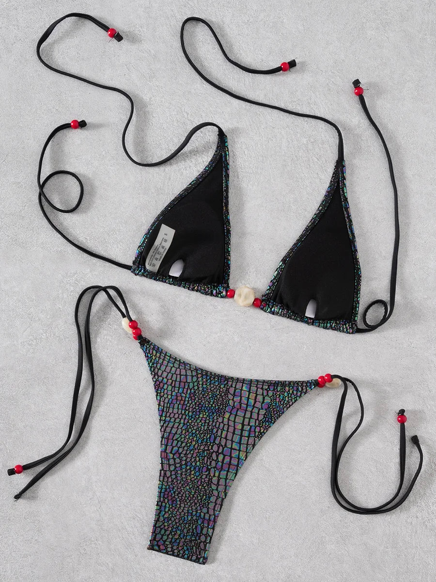 Snakeskin Halter Strappy Bikini Women Swimsuit Female Swimwear Two-pieces Bikini Set High Cut Bather Bathing Suit Swim Beachwear