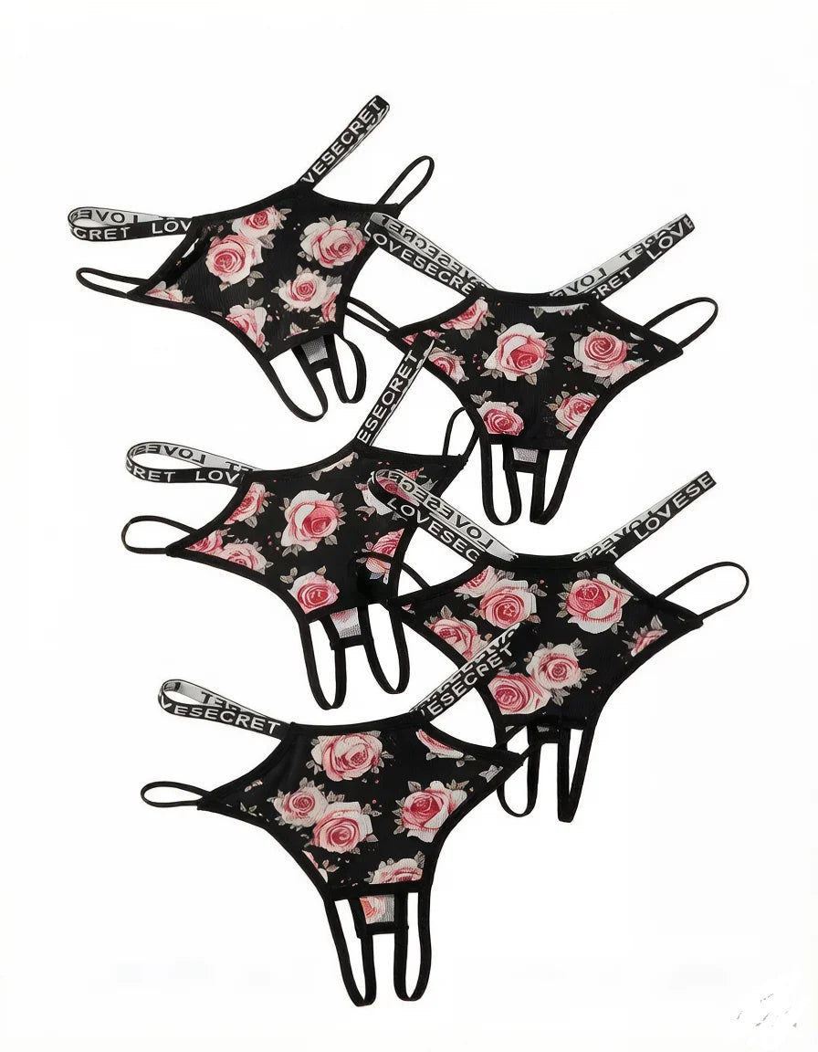 5 pcs Women Sexy Panties Floral Print Thong Low Waist Underwear Hollow Out Breathable Ladies thong C961