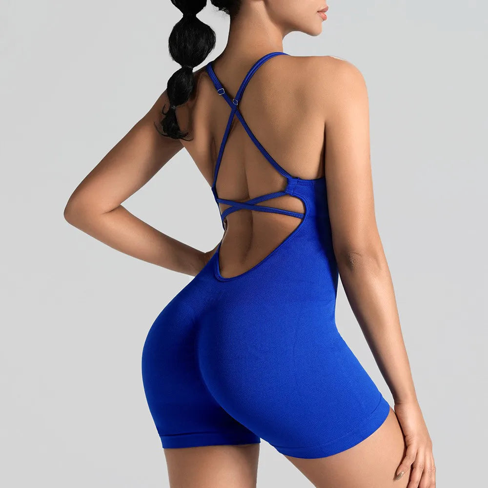 Solid Color Cross Back One Piece Yoga Shorts - Comfortable Cropped Yoga Jumpsuit for Women