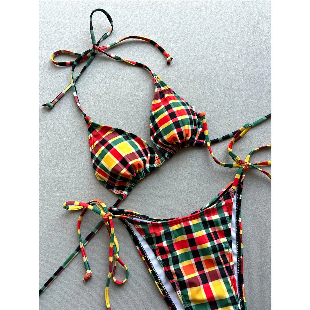 Sexy Plaid Halter Bikini Female Swimsuit Women Swimwear Two-pieces Bikini set High Leg Cut Padded Bather Bathing Suit Swim V7930