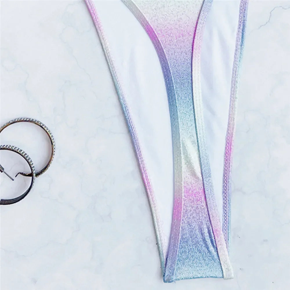Sexy Color Shiny Bikini Swimsuit One Piece Swimwear Women String Thong Backless Monokini High Cut Bathing Swimming Suits Wear