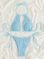 2025 Halter Tie Side Hollow Out Smocked Bikini Women Swimsuit Female Swimwear Two Pieces Bikini Set Swim Bathing Suit Beach Wear
