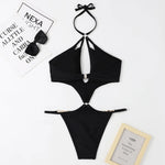 Solid Color One Piece Swimsuit Women 2026 Sexy Hollow Out Pearl Chain Bikini Halter Backless Thong Swimwear Beach Bathing Suit