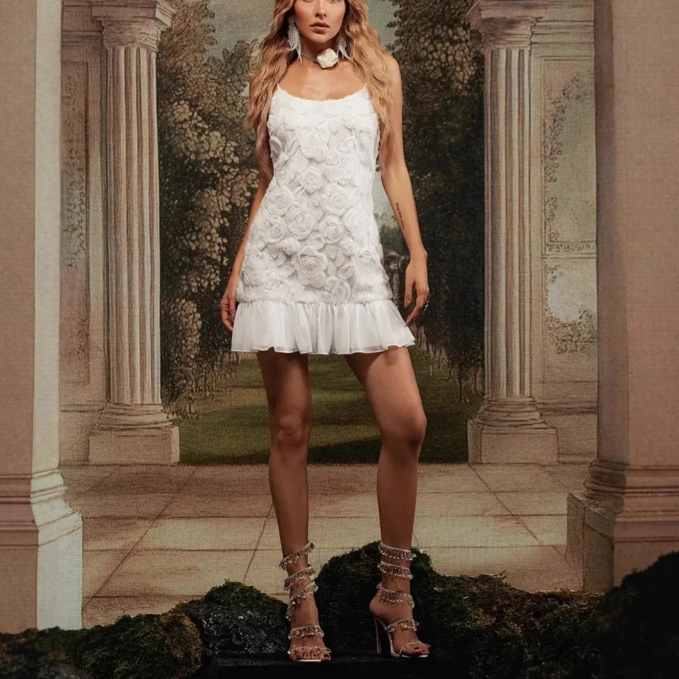 2025 Summer Lady New 3D Flower White Mini Chiffon Dresses Sexy Backless Simple Elegant Fashion Ladies Slim Holiday Party Outfits