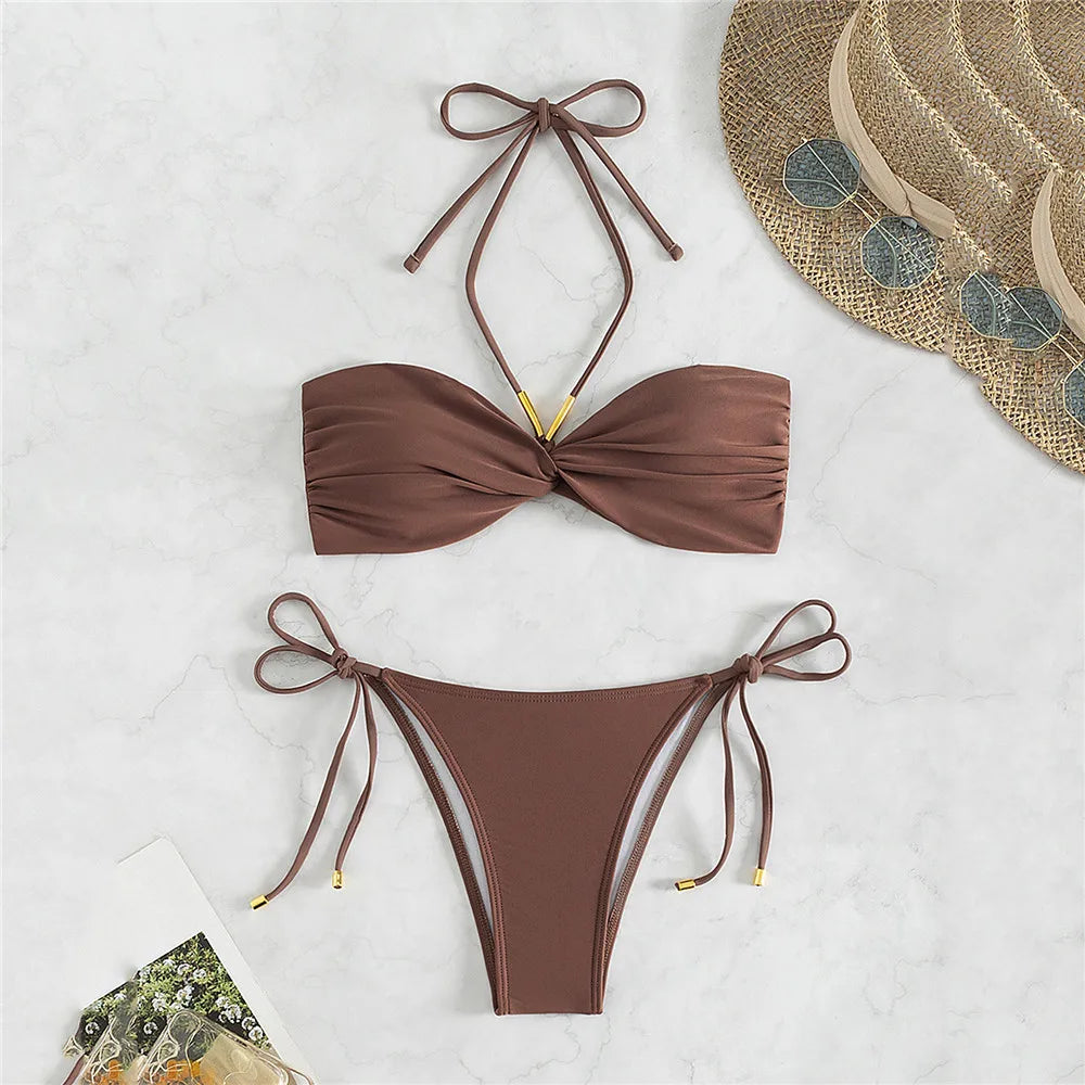 Brown Swimwear String Halter Bandeau Bikinis Sets Micro Thong Sexy Swimsuit Women Back Knotted Bathing Suit Bikini Mujer 2026
