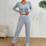 Womens Lace Trim Ribbed Knit Pajamas Set Long Sleeve Crop Top Wide Leg Pants Lounge Set 2 Piece Sleepwear