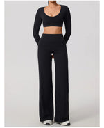 Hearuisavy Sports Set 2Pcs Women'sLong Sleeve Backless Fitted Fitness Top Push Up Pilates Yoga Top Wide Leg Straight Leg Pants