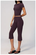 Yoga Set for Women High Waist Hip Lifting Tight Mid Pants Fitness Suit Short Sleeve O Neck Slimming Sports T Shirt Athletic Wear