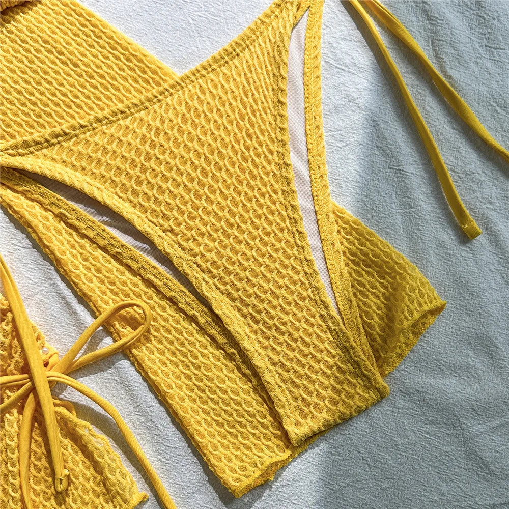 Beige Mesh Halter String Triangle Micro Thong Bikinis Sets 4 Pieces Long Sleeve Cover Ups Sexy Swimsuit Women Holiday Swimwear