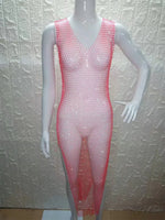 2026 New Fishnet Long Dress V-neck Mesh Sparkling Rhinestone Crystal Swimsuit Bikini Cover Up Beach Bathing Suit Women Cover Ups
