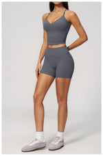 New Yoga Sets Women V Neck Back Criss Cross Sports Tank Top High Waist Butt Lift Shorts Fitness Suit Gym Running Workout Clothes