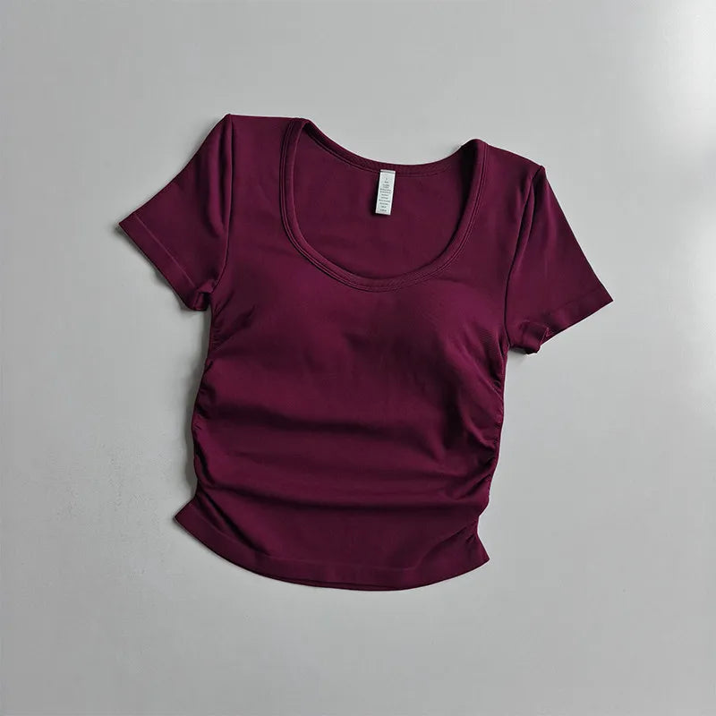 Big round Neck Yoga T-Shirt Short-Sleeved Slimming Sports Top with Fixed Chest Cushion for Running Pilates Summer Stretch