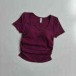 Big round Neck Yoga T-Shirt Short-Sleeved Slimming Sports Top with Fixed Chest Cushion for Running Pilates Summer Stretch
