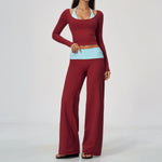 Women 2 Piece Yoga Set Gym Clothing Fitness Suit Workout Tracksuit Running Sportswear Outfits Layered Long Sleeve Wide Leg Pants