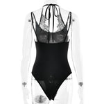 FDYOUI Women Sexy Sleeveless Lace Patchwork Pink Bodysuits 2026 Summer Halter Lace-up Backless One Piece Party Club Jumpsuit Top
