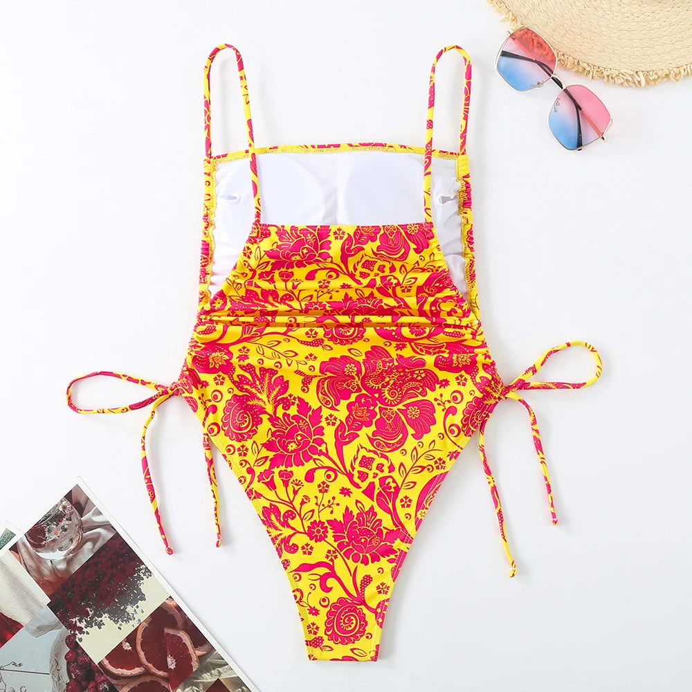 2026 Floral String One Piece Swimsuit Backless Sexy Swimwear Women Bathing Suit Female Swimming Summer Beachwear Bodysuit