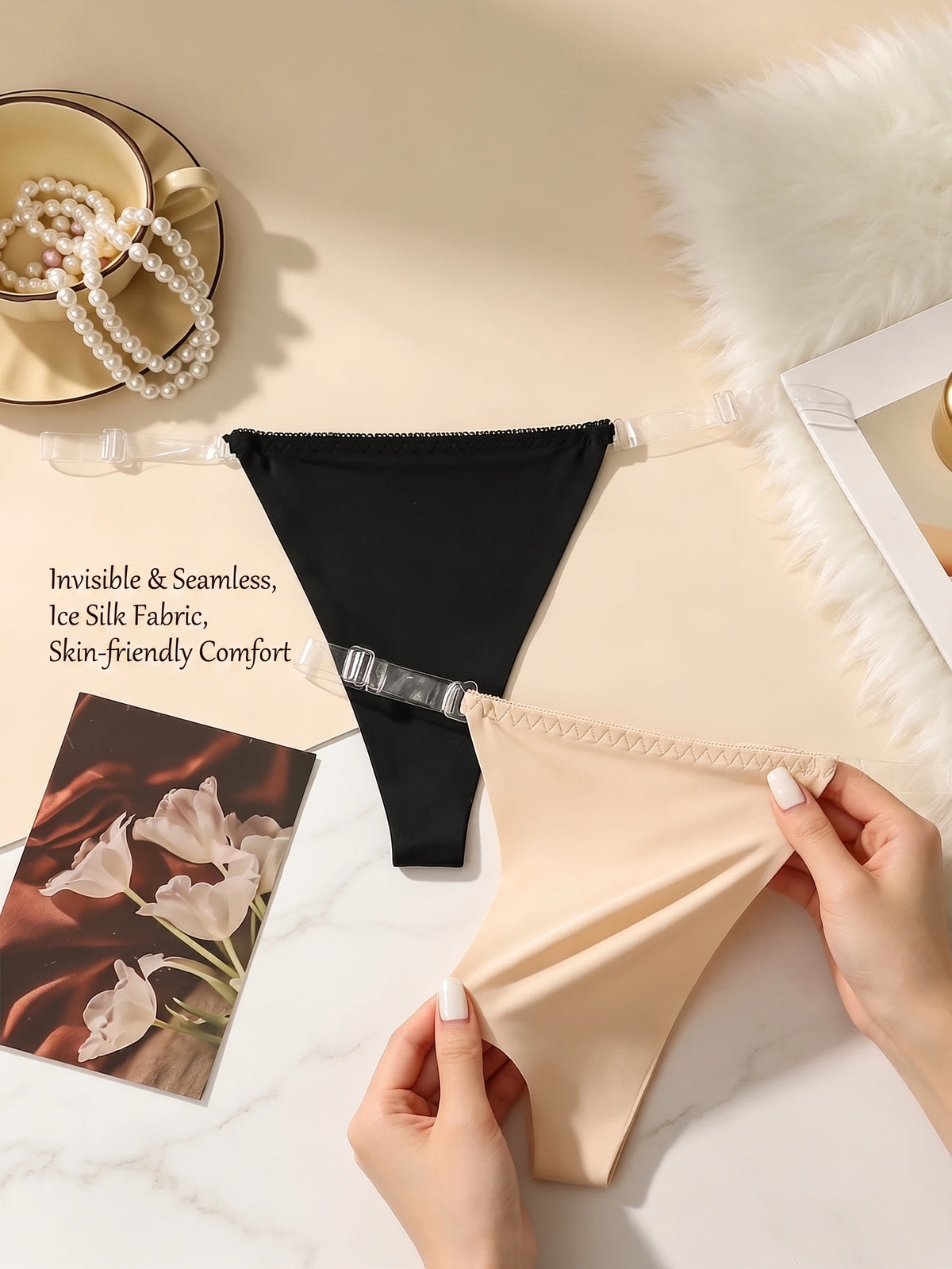 2 Pcs Nude and Black Seamless Thong Women Invisible Soft Comfortable Breathable Panties Sexy Low waist ThongC678