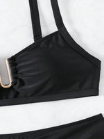 Solid Color High Waist Two Piece Swimsuit for Women U-neck Suspender Backless Bikini Set Beach Vacation Bathing Suit 2025 New