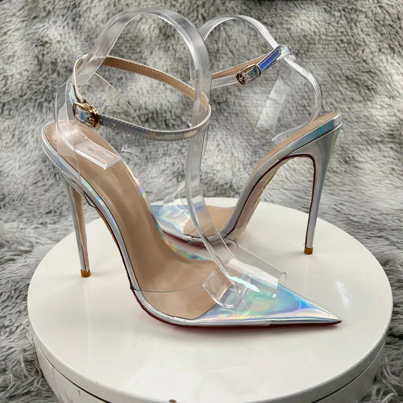 Clear PVC Patchwork SandalsNewest Transparent Straps Stiletto Heel Sandals Sexy Laser silver High Heels Wedding Shoes12cm