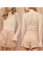Women's Spring Summer Solid Color Slim Lace Mesh Tops Flare Long Sleeve High Neck Sheer T-Shirt for Party, Daily