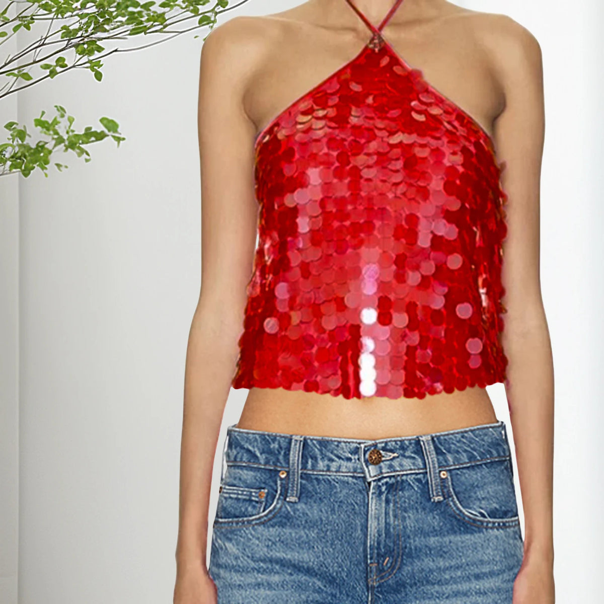 Women Solid Color Camis Tops Sequins Tie-Up Halter Neck Casual Summer Sleeveless Loose Fit Camisole Streetwear