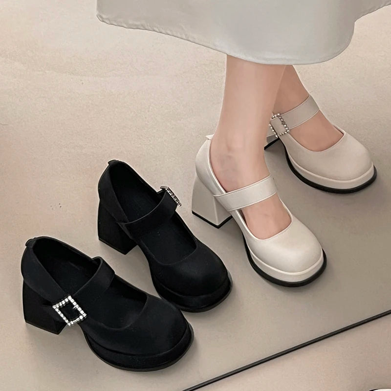 Elegant Chunky Heel Mary Jane Shoes Women 2025 Crystal Buckle Strap Platform Pumps Woman Thick High Heeled Party Shoes Ladies