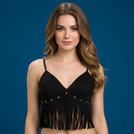 Women Stylish Tassel Trimmed Sleeveless V Neck Spaghetti Strap Crop Vest Summer Solid Color Camisole Tops for Party Nights