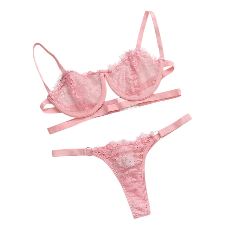 2 Pieces Sexy Lingerie Fancy Lace Erotic Set Transparent Underwear Fairy Embroidery Brief Sets Delicate BraPush Up Breves Kit