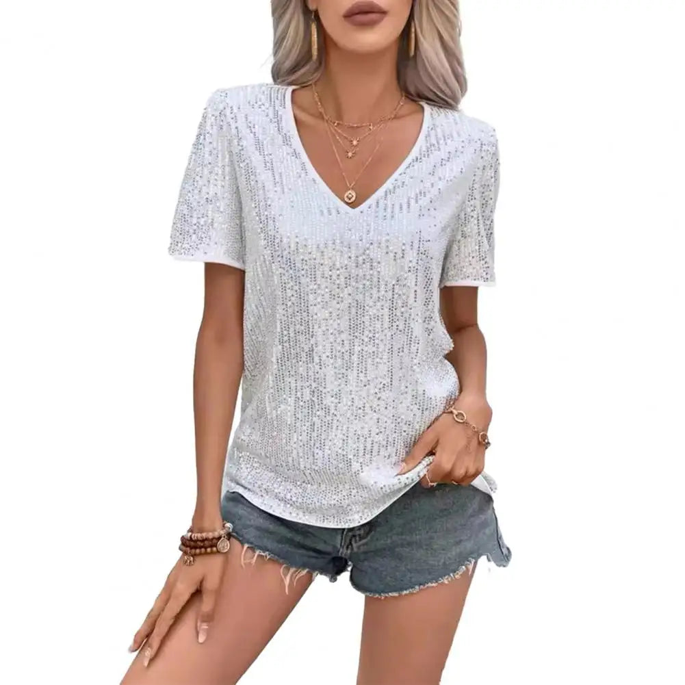 Shiny Sequins Tee Shirt Women T-shirt V-Neck Short Sleeve Loose Fit Summer Sexy Tops Holidays Parties Wear