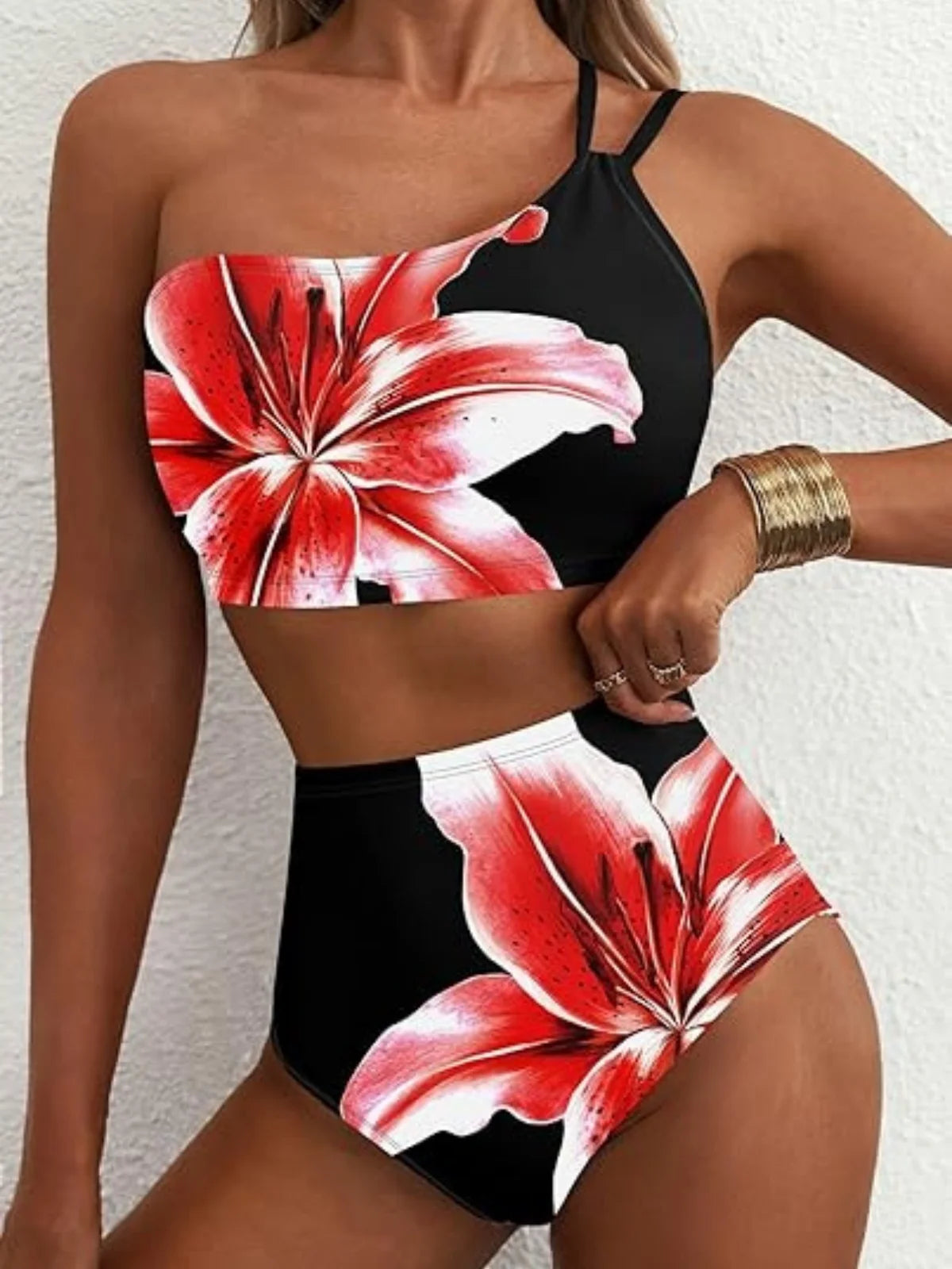 Sexy One Shoulder Swimwear Women 2026 Black White Patchwork Push Up Bra High Waist Swimsuit Beach Bathing Suit Holiday Bikini