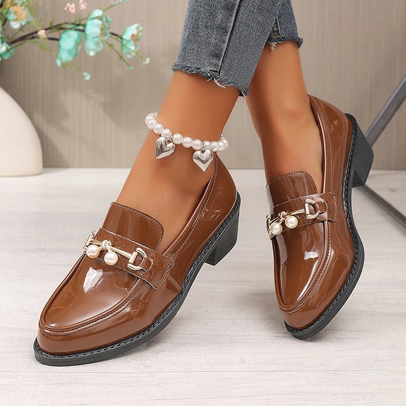 Office Ladies Patent Leather Oxford Shoes Plus Size 43 Pointed Toe Thick Heel Pumps Women British Style Slip On Student Shoes