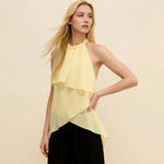Women Summer Trendy Asymmetrical Layered Backless Shirts Solid Color Chiffon Halter Tops for Streetwear