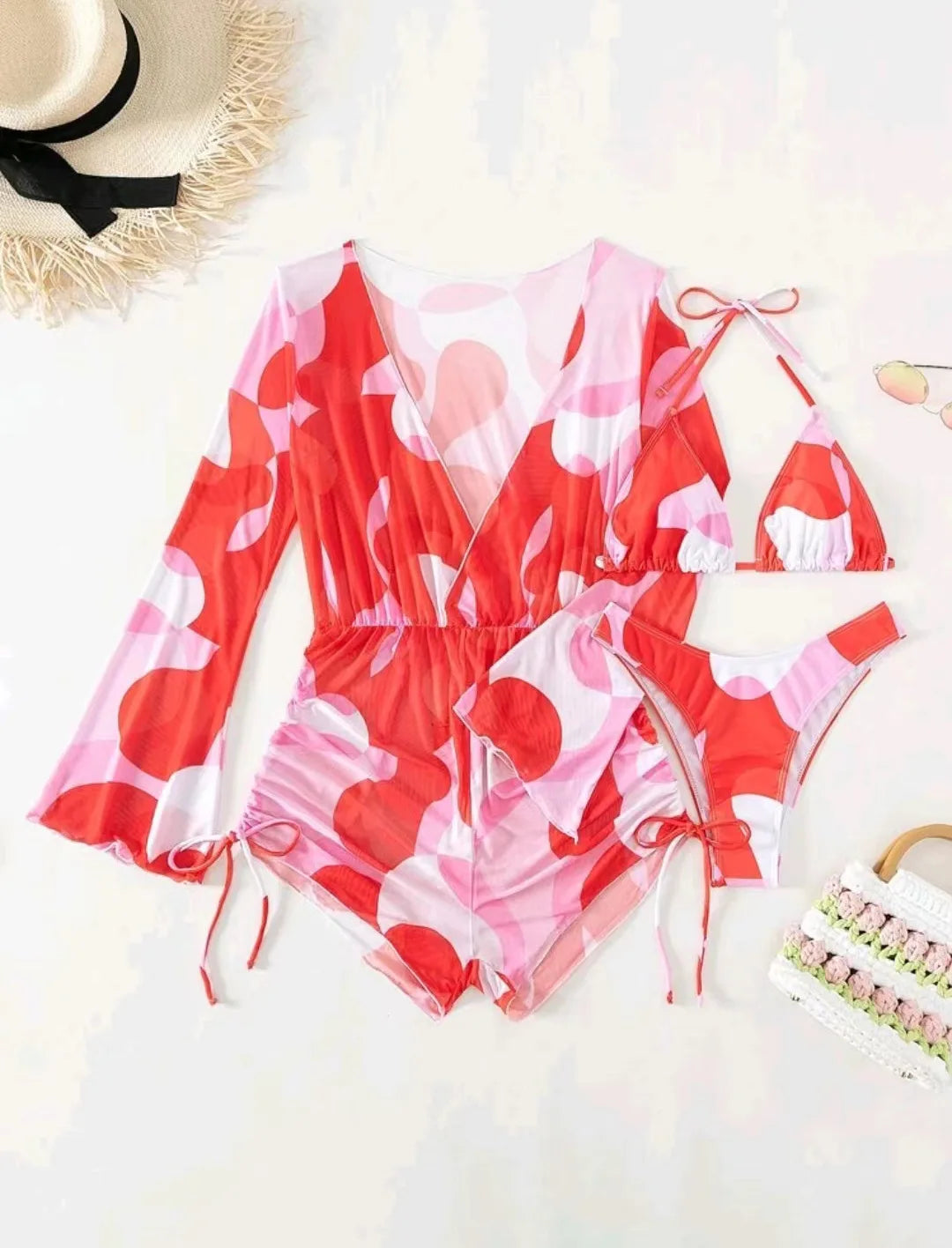 2024 New Swimsuit 3 Pcs Set Thong Bikini with Rompers Womens Jumpsuit Beach Wear Print Swimwear Sexy Bathing Suit Pool Beachwear