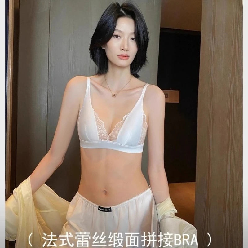Sexy Summer Bra Sin Aros, French Lingerie Encaje Triangulo Pecho Pequeño, Bralette Suave Puro Deseo Saten MOYISU 32-38-S-XL AB