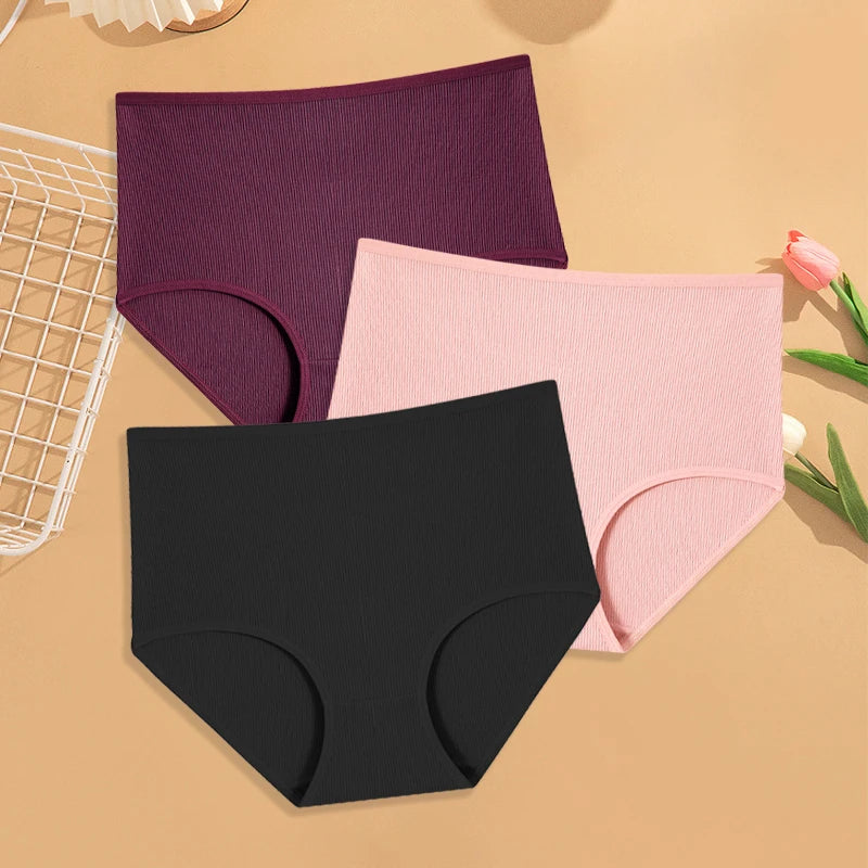 3Pcs women cotton High Waist underwear breathable Striped Panties Female Plus Size Solid Color Briefs comfortable Lingerie S-XXL