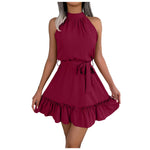 Elegant Halter Mini Dress For Women Solid Color Off Shoulder Sleeveless A Line Summer Dress Tie Waist Ruffled Hem Office Dresses