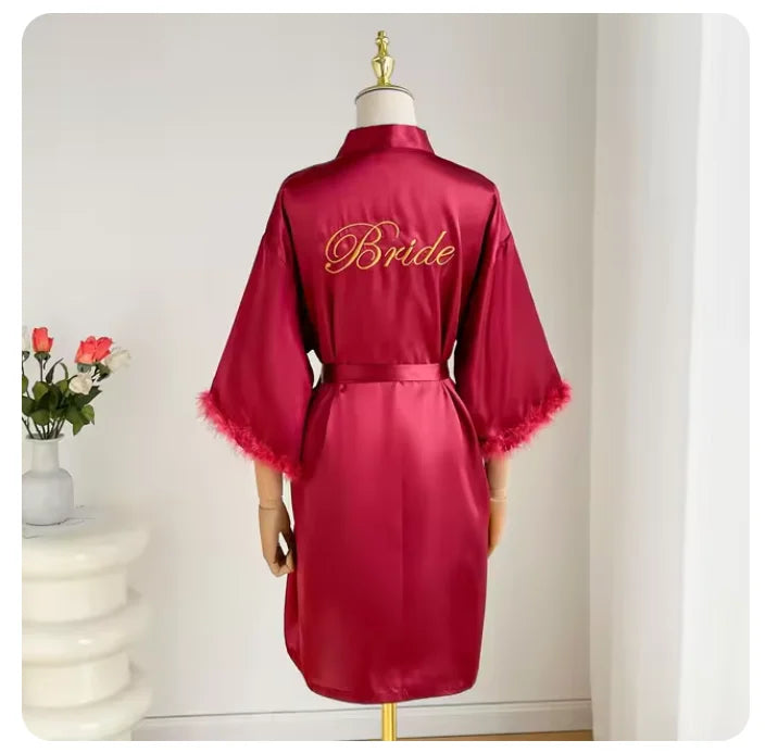 Fashion Satin Robe Female Bathrobe Sexy Lingerie Silk Kimono Bride Dressing Gown Women Sleepwear Furry 3/4 Sleeve Gown Bathrobe