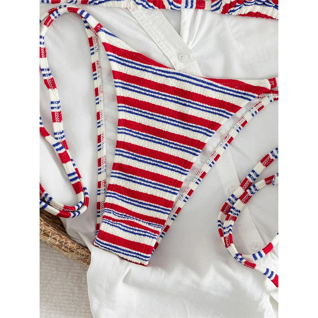 S - XL Striped Halter Bikini Women Swimwear Female Swimsuit High Cut Leg Bather Bathing Suit Swim Two-pieces Bikini set K8043